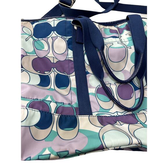 Coach Kyra White Green Blue Logo Printed Dual Top Handle Large Tote Bag - Picture 10 of 12